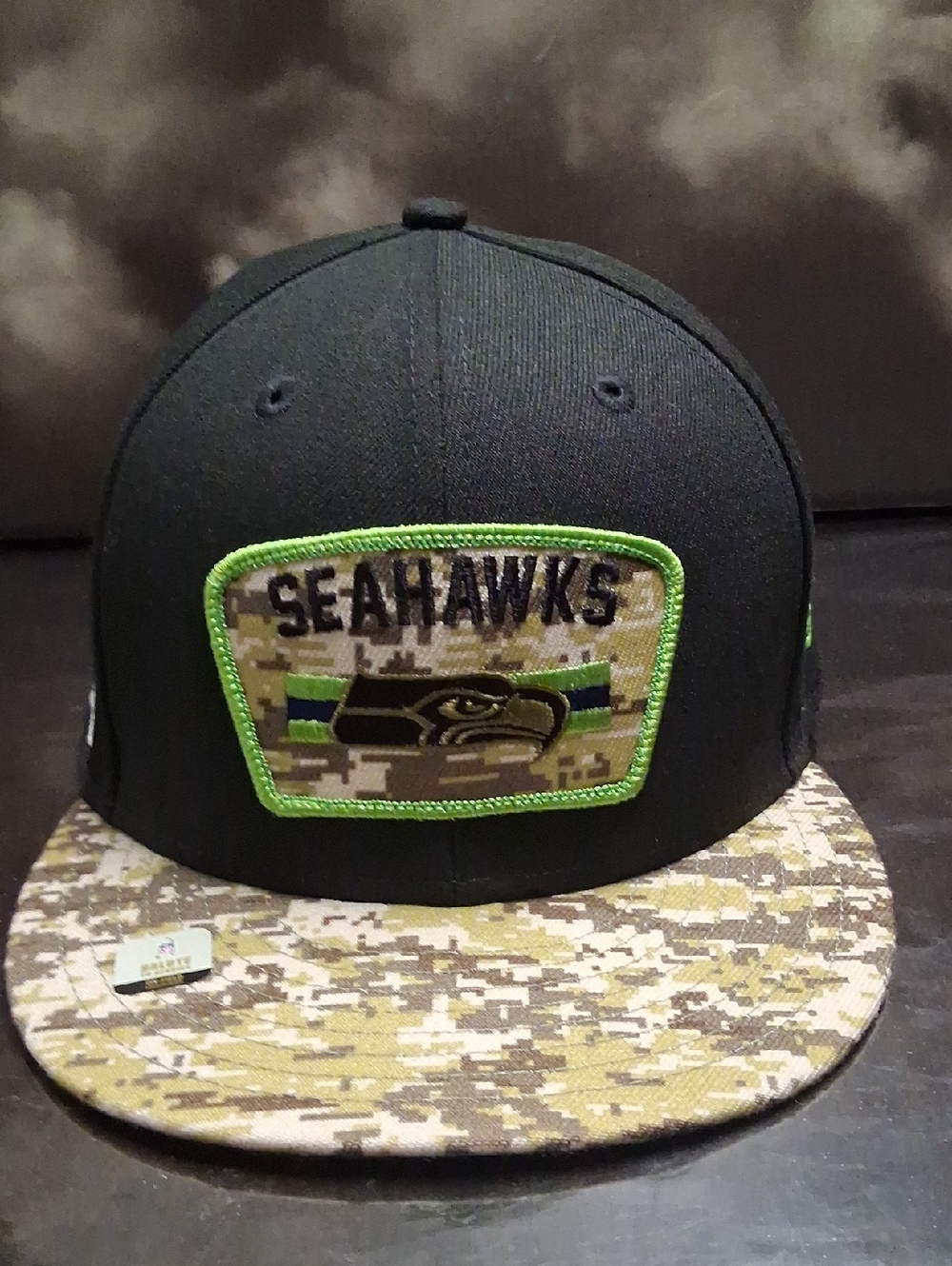 New Era Black Snapback with Neon Green Trim and Camo Brim
